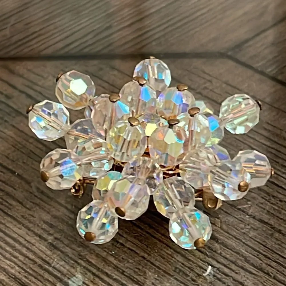 Vintage Aurora Borealis Crystal Bead Cluster Rhinestone Brooch Pin